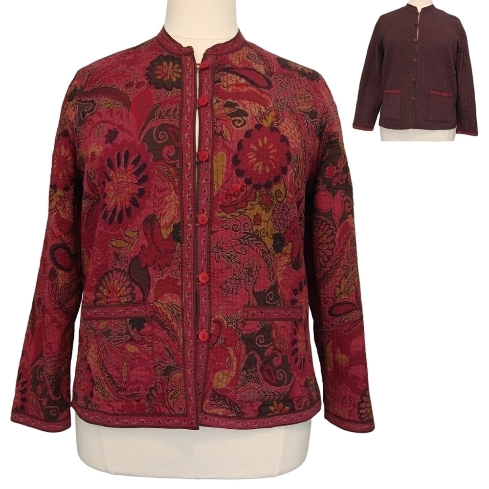 Vintage Red Boho Floral Reversible Button-Up Jacket Pockets Unbranded Unique